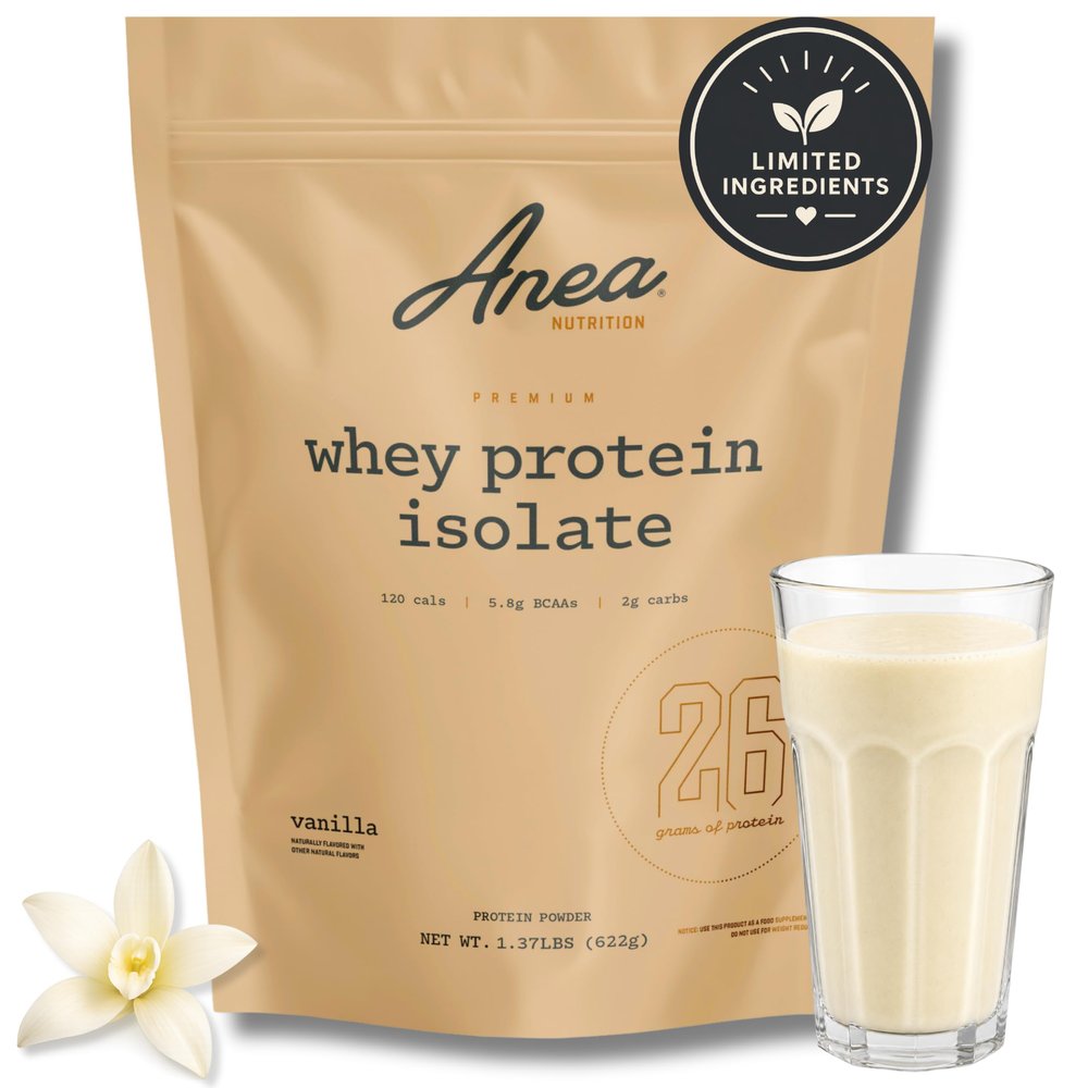 Anea Protein Powder, Whey Isolate Protein Powder, Whey Isolate, 5.8g BCAAs, RBST Free, Gluten Free, Soy Free, No Fillers, No Artificial Sweeteners, Vanilla, 26g Per Serving, 20 Servings
