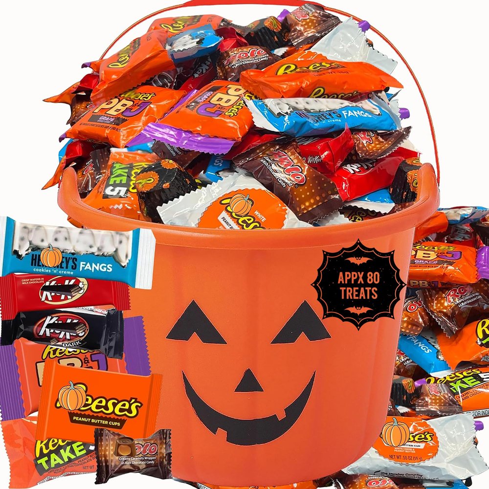 Halloween Chocolate Assortment in Jack O Lantern Pumpkin Bucket, Spooky Party Favor Bulk Candy Gift, Includes Assorted Individually Wrapped Milk Chocolate Trick or Treat Bars