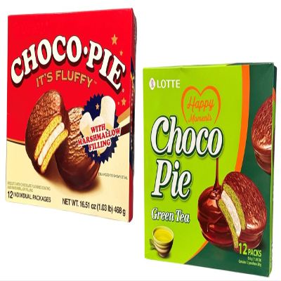 Combo - Choco Pie with Marshmallow and Choco Pie Green Tea - 12 Cakes per Box with 2 Boxes per Order - Product of South Korea