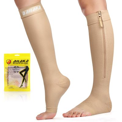 Ailaka Zipper Compression Socks for Women Men, 20-30 mmHg Open Toe Compression Socks Knee High, Ted Hose Compression Stockings for Edema, Varicose Veins(X-Large)