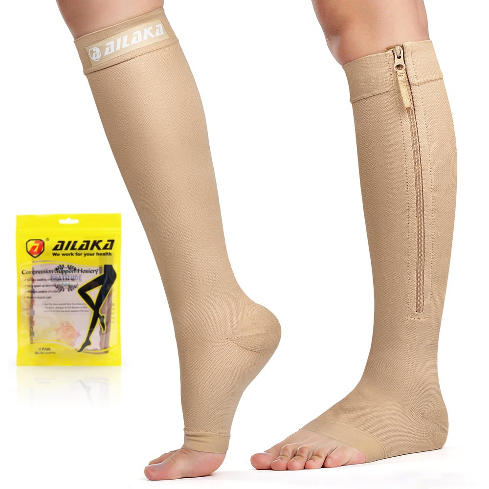 Ailaka Zipper Compression Socks for Women Men, 20-30 mmHg Open Toe Compression Socks Knee High, Ted Hose Compression Stockings for Edema, Varicose Veins(X-Large)