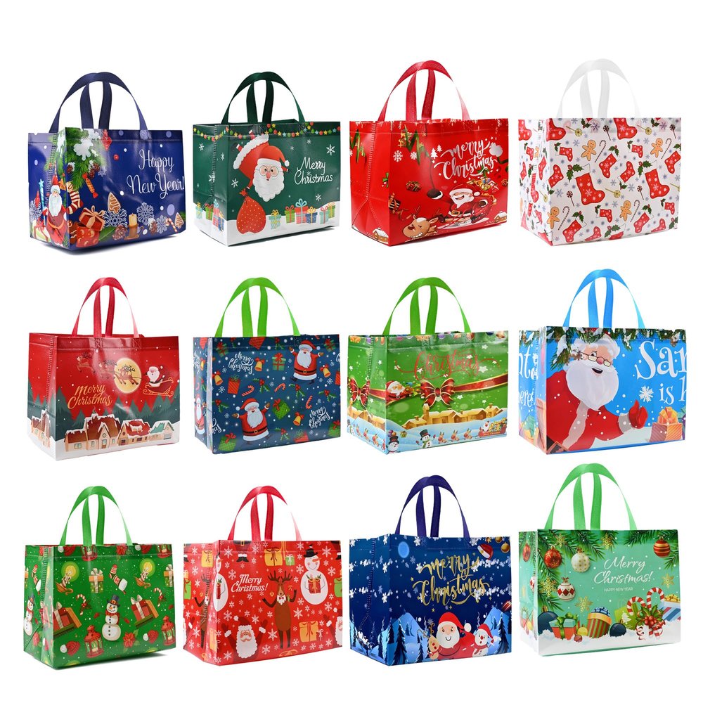 sanchlor 12 Pack Christmas Gift Bags, 12.6"x9.8"x6.7" Large Non-Woven Tote Bags with Handles for Wrapping Xmas Party Favors