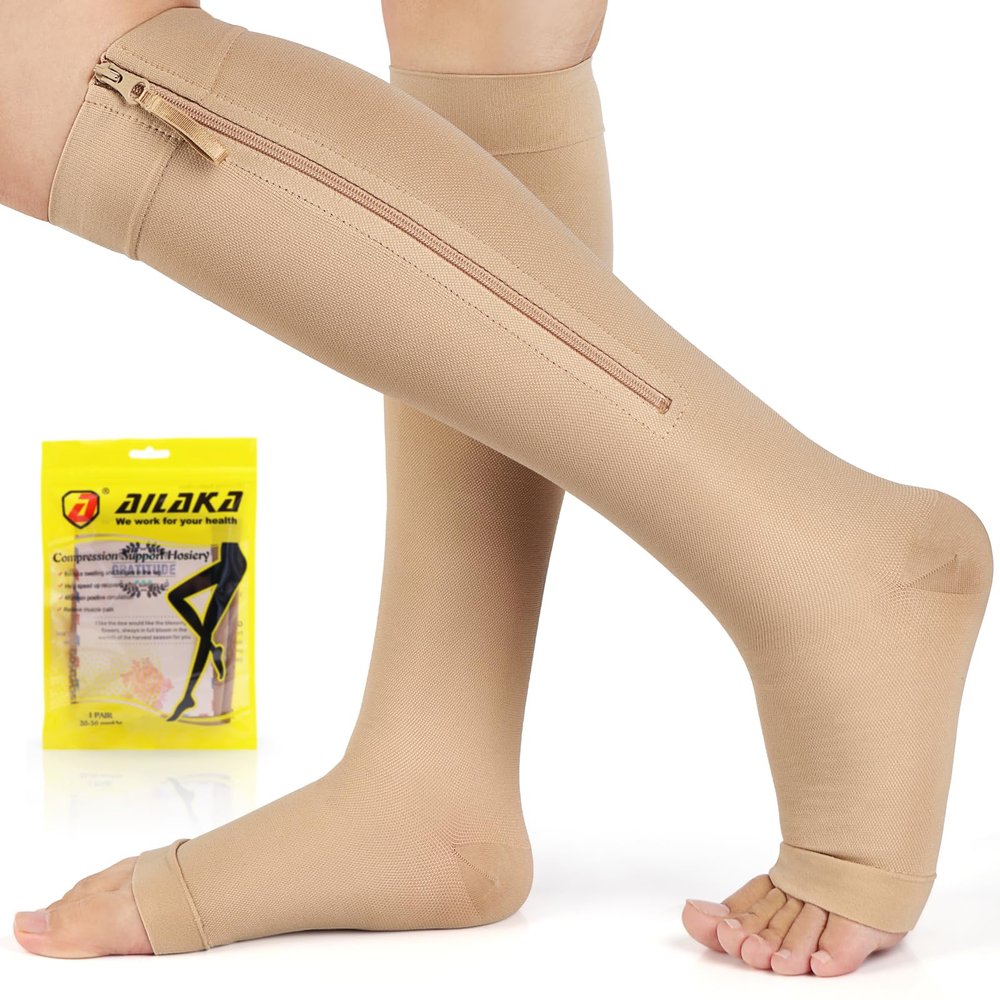 Ailaka Zipper Compression Socks for Women Men, 20-30 mmHg Open Toe Compression Socks Knee High, Ted Hose Compression Stockings for Edema, Varicose Veins (Beige, XX-Large)