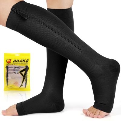 Ailaka Zipper Compression Socks for Women Men, 20-30 mmHg Open Toe Compression Socks Knee High, Ted Hose Compression Stockings for Edema, Varicose Veins (Black, XX-Large)