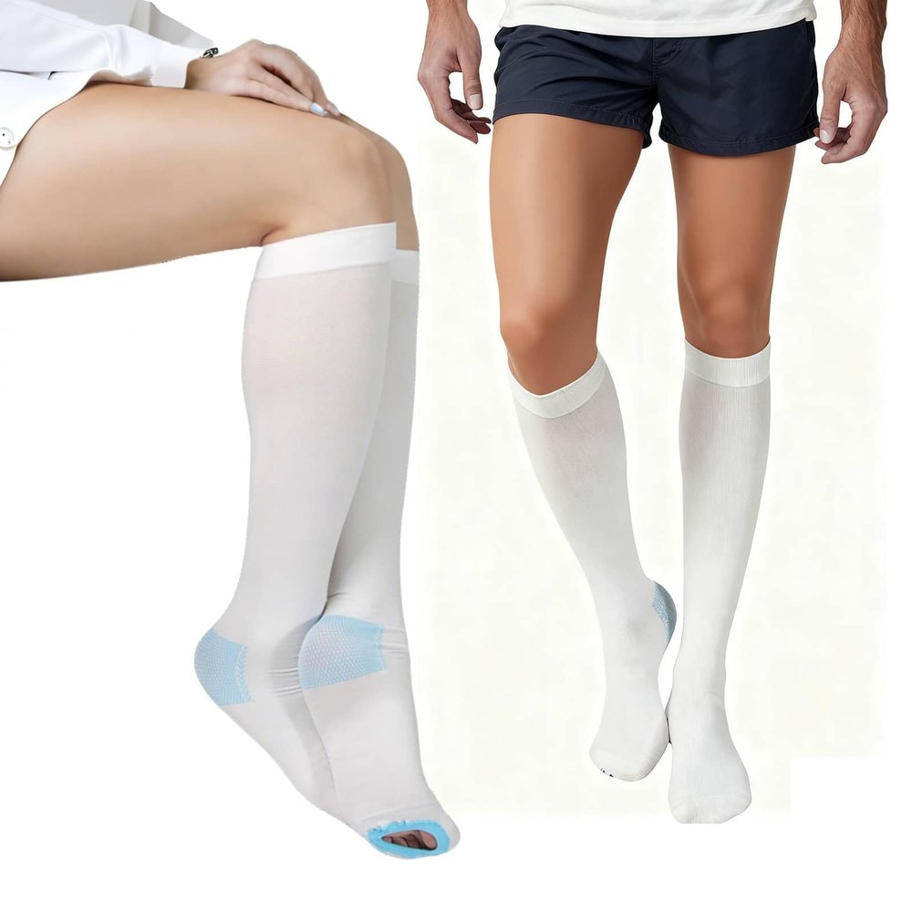 2 Pairs Knee-High Anti-Embolism Stockings for Men & Women White 15-20 mmHg Compression with Inspection Holes (Medium)