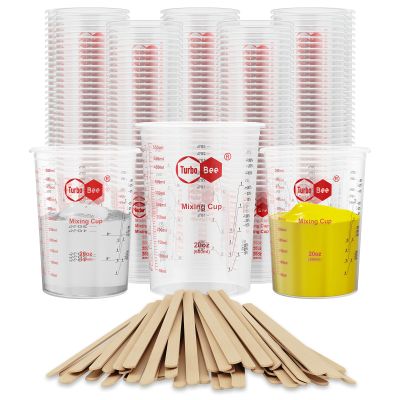 20oz Resin Mixing Cups - [Easy-Separate Design] 100 Pack Graduated PP Plastic Mixing Cups for Epoxy Resin, Paint & Automotive - Includes 100 Stir Sticks, Calibrated Ratios 2:1 3:1 4:1, ML & OZ