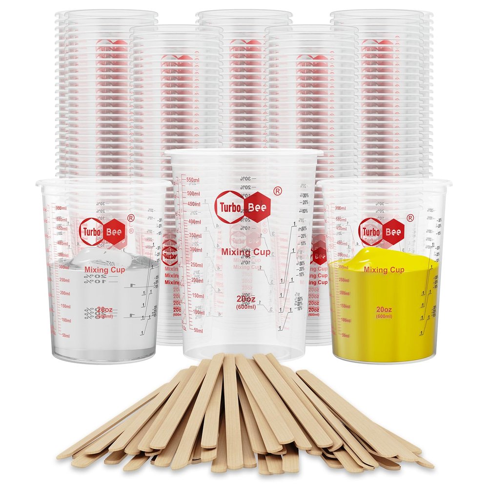 20oz Resin Mixing Cups - [Easy-Separate Design] 100 Pack Graduated PP Plastic Mixing Cups for Epoxy Resin, Paint & Automotive - Includes 100 Stir Sticks, Calibrated Ratios 2:1 3:1 4:1, ML & OZ