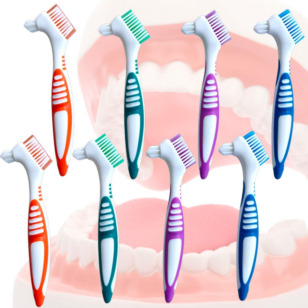 Haikole Denture Cleaning Brush 8PACK, Double Headed Design with Multi-Layered Bristles & Secure Grip - Gentle Care for Dentures, Mouth Guards, Dental Appliances - Thoughtful Elderly Gift Set