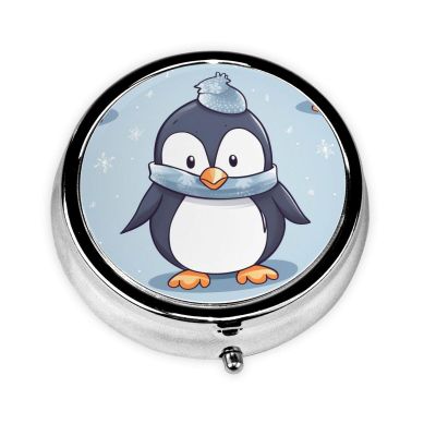 Cute Penguin Pill Case with Mirror Retro Small 3 Compartment Pill Box for Purse or Pocket Travel Pill Container Decorative Metal Medicine Vitamin Organizer Unique Gifts