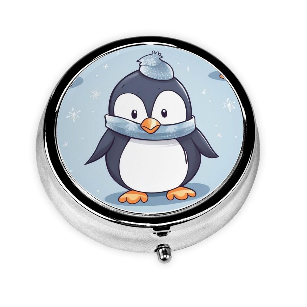 Cute Penguin Pill Case with Mirror Retro Small 3 Compartment Pill Box for Purse or Pocket Travel Pill Container Decorative Metal Medicine Vitamin Organizer Unique Gifts