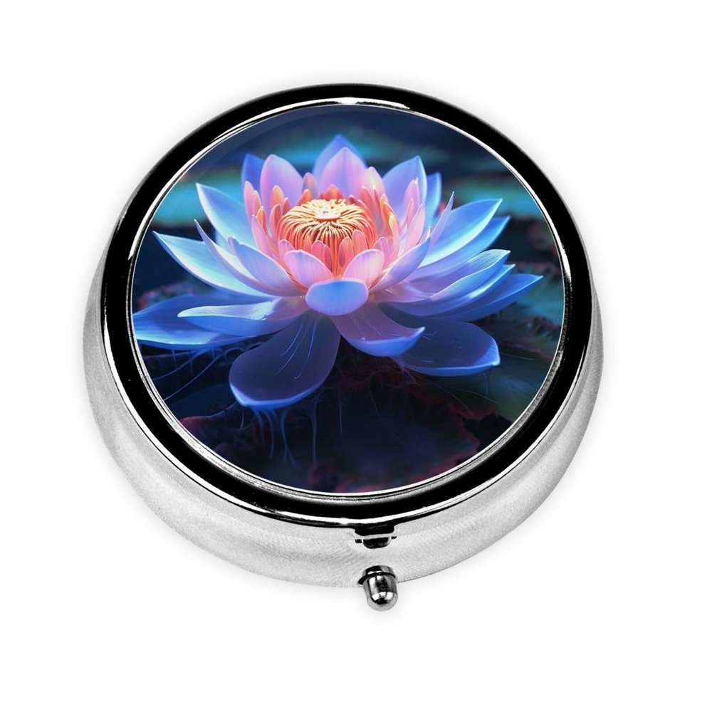 Lakeside Flowers Pill Case with Mirror Retro Small 3 Compartment Pill Box for Purse or Pocket Travel Pill Container Decorative Metal Medicine Vitamin Organizer Unique Gifts