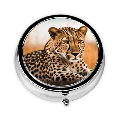 Cheetah Waiting Pill Case with Mirror Retro Small 3 Compartment Pill Box for Purse or Pocket Travel Pill Container Decorative Metal Medicine Vitamin Organizer Unique Gifts