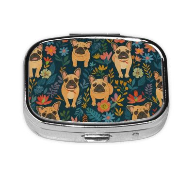 Pug Dog and Colorful Flowers Pill Box Portable 2 Compartment Pill Case Hold Vitamins