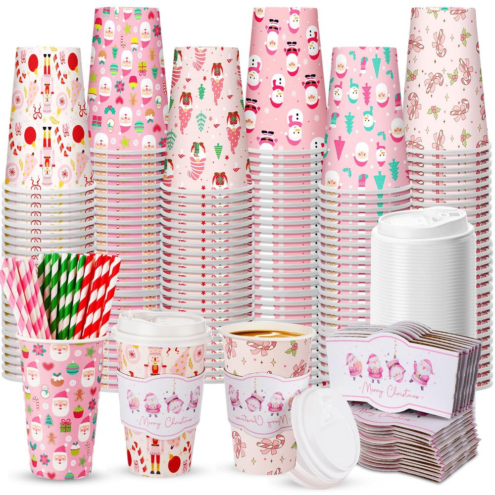Jingmore 48 Sets 16oz Disposable Paper Coffee Cups with Lids Sleeves Straws Holiday Paper Drinking Cups Bulk for Hot Cold Beverages Home Business Cafe Birthday Party Supplies (Pink Christmas)