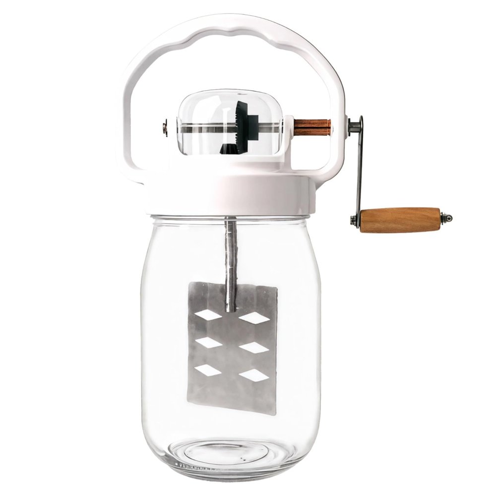 Butter Maker Machine Peanut for Home, (1500 Ml) 59.05 in Jar Glass with Wood Handle and Plastic White, Metal Stirring Tool, Safe Food for Milk, Cream, and Butter, Easy Use and Clean