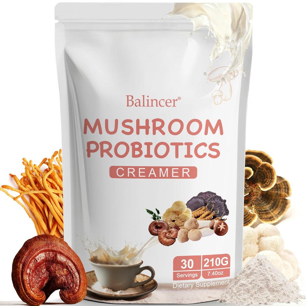 Mushroom Probiotic Coffee Creamer, 6 Adaptogenic Mushrooms (Lion's Mane, Cordyceps, Turkey Tail & Other) Mixed with Creamer for Focus, Energy, and Digestion Health Support, 30 Servings