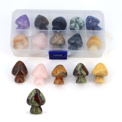 10pcs/Box Random Natural Raw Stone Set Crystal Carved Skull Round Beads Chakra Heart Shape Apple Pendant Gift,Mushroom NO.2