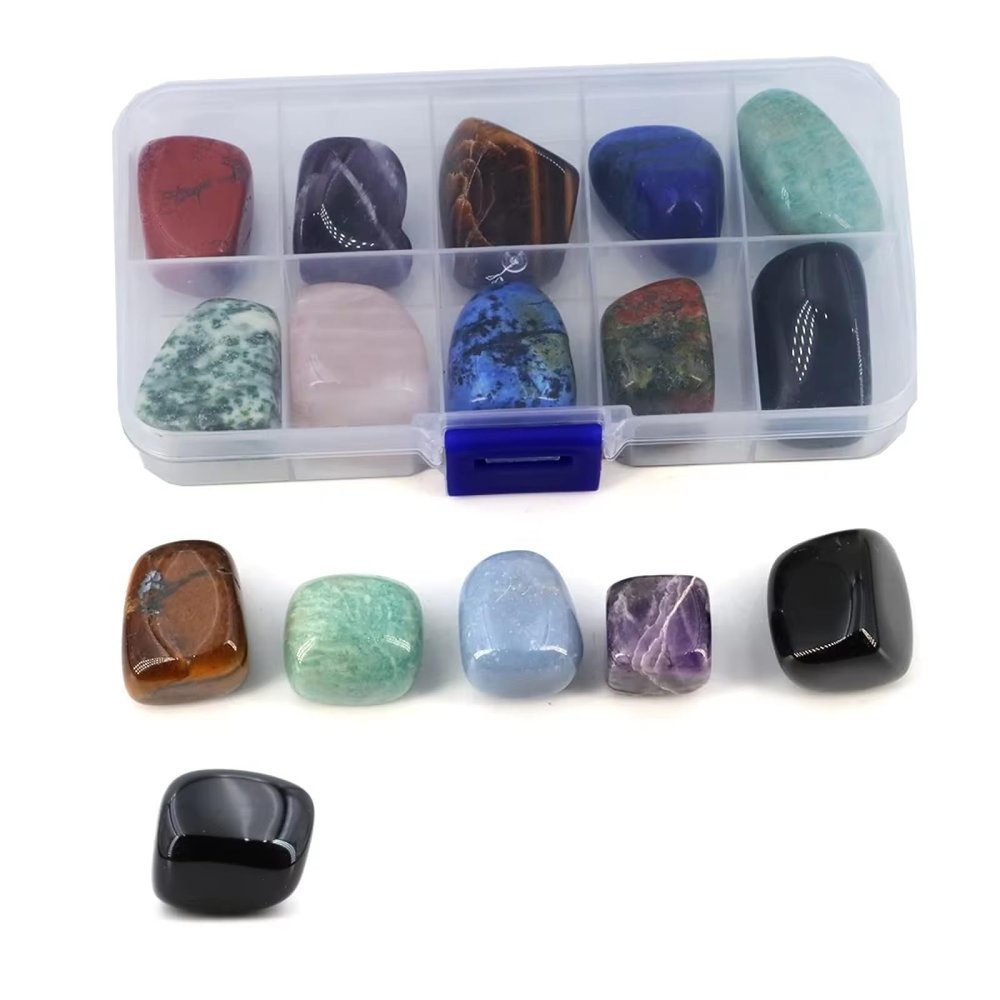 10pcs/Box Random Natural Raw Stone Set Crystal Carved Skull Round Beads Chakra Heart Shape Apple Pendant Gift,Tumbled Stones
