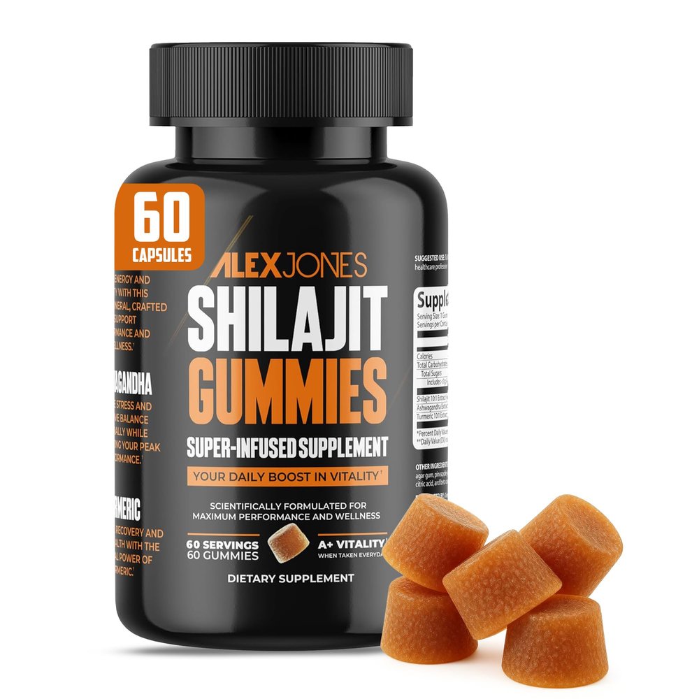 Alex Jones Naturals Shilajit Gummies Mens Daily Energy & Stamina Booster Sharper Focus & Strength w/Ashwagandha for Men Cellular Energy & Performance Supplement 60 Count