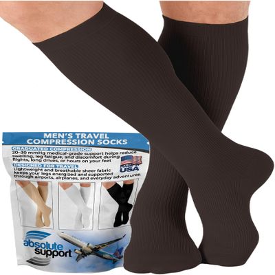 ABSOLUTE SUPPORT Made in USA Travel Compression Socks Men 20-30 mmHg - Flight & Circulation Support, Varicose Veins, Swelling & Recovery, Brown, Medium