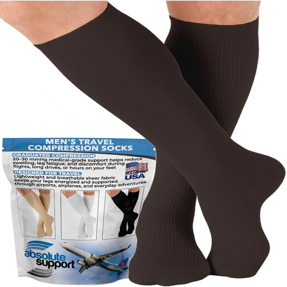 ABSOLUTE SUPPORT Made in USA Travel Compression Socks Men 20-30 mmHg - Flight & Circulation Support, Varicose Veins, Swelling & Recovery, Brown, Medium