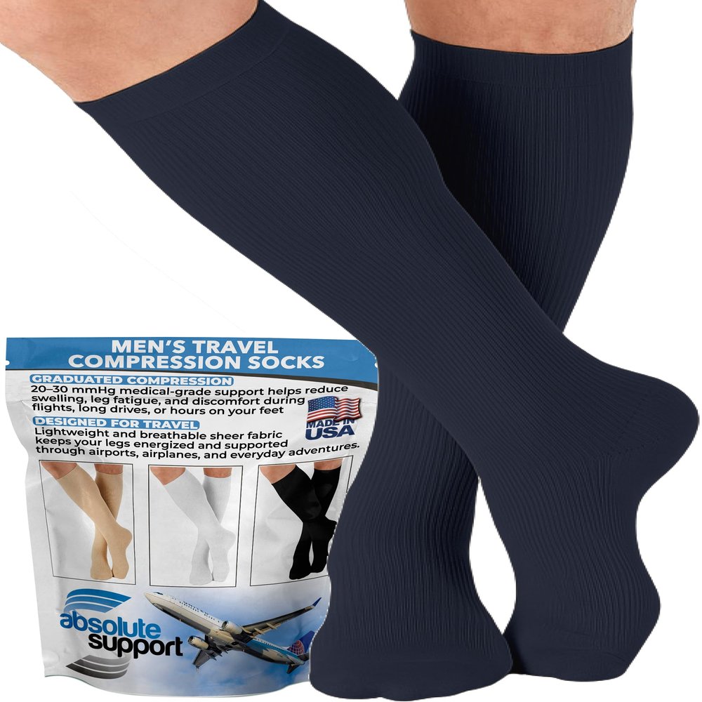 ABSOLUTE SUPPORT Made in USA Travel Compression Socks Men 20-30 mmHg - Flight & Circulation Support, Varicose Veins, Swelling & Recovery, Navy, X-Large