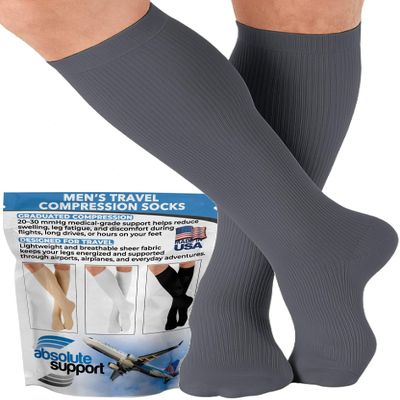 ABSOLUTE SUPPORT Made in USA Travel Compression Socks Men 20-30 mmHg - Flight & Circulation Support, Varicose Veins, Swelling & Recovery, Gray, Medium