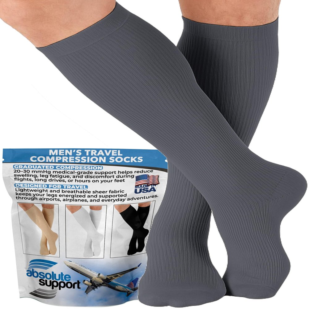 ABSOLUTE SUPPORT Made in USA Travel Compression Socks Men 20-30 mmHg - Flight & Circulation Support, Varicose Veins, Swelling & Recovery, Gray, Medium