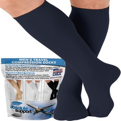 ABSOLUTE SUPPORT Made in USA Travel Compression Socks Men 20-30 mmHg - Flight & Circulation Support, Varicose Veins, Swelling & Recovery, Navy, Medium