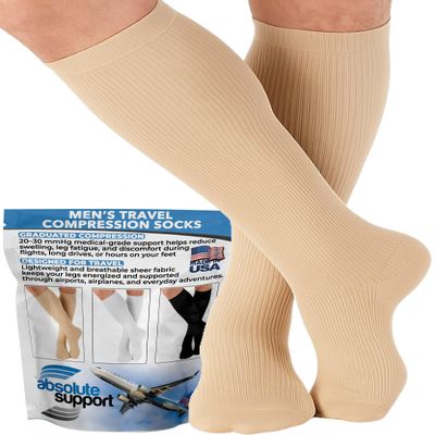 ABSOLUTE SUPPORT Made in USA Travel Compression Socks Men 20-30 mmHg - Flight & Circulation Support, Varicose Veins, Swelling & Recovery, Tan, Medium