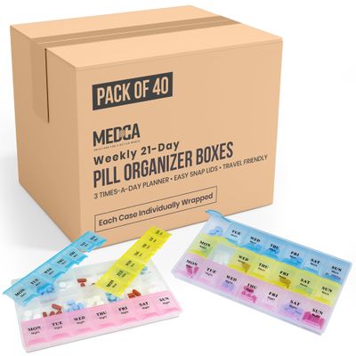 Weekly Pill Organizer - 21 Day Pill Planners for Pills Vitamins & Medication, 3 Times-a-Day Medication Reminder Boxes, Easy to Read & Travel Friendly (Case of 40pcs)