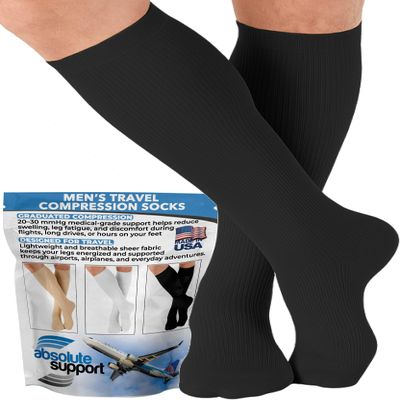 ABSOLUTE SUPPORT Made in USA Travel Compression Socks Men 20-30 mmHg - Flight & Circulation Support, Varicose Veins, Swelling & Recovery, Black, X-Large