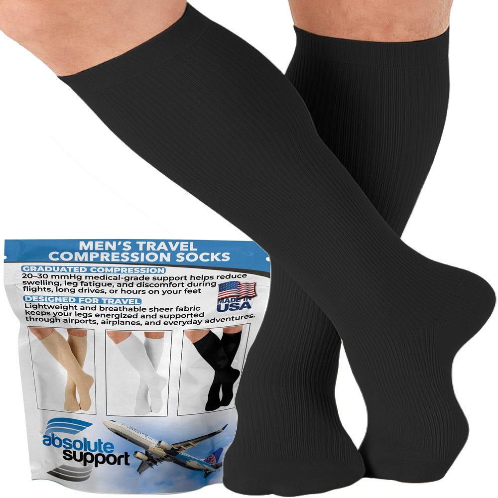 ABSOLUTE SUPPORT Made in USA Travel Compression Socks Men 20-30 mmHg - Flight & Circulation Support, Varicose Veins, Swelling & Recovery, Black, X-Large