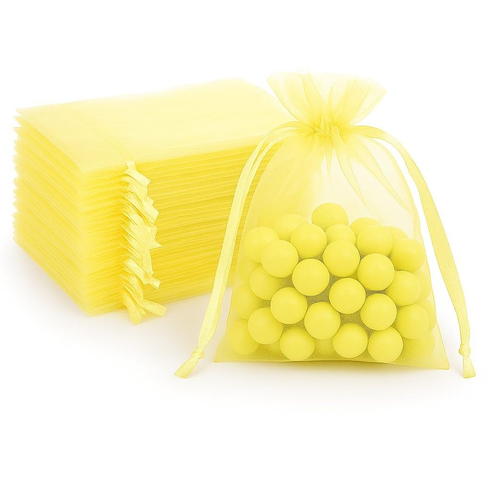 100 Pcs Organza Bags Sheer Drawstring Gift Bags for Jewelry, Wedding Favors, Party Supplies, Candy, Perfume, Cosmetics, Business Events (Yellow, 4.5x7 Inch)