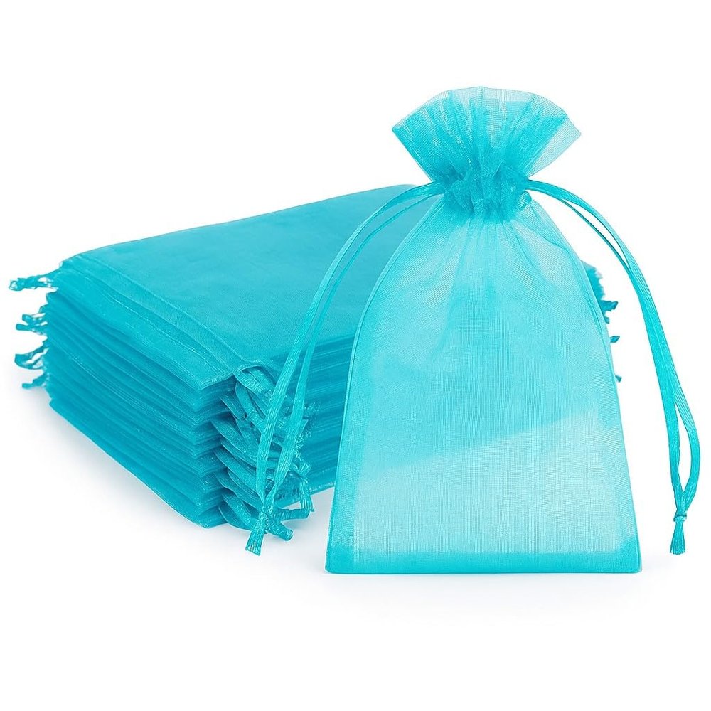 100 Pcs Organza Bags Sheer Drawstring Gift Bags for Jewelry, Wedding Favors, Party Supplies, Candy, Perfume, Cosmetics, Business Events (Turquoise, 2.5x4 Inch)