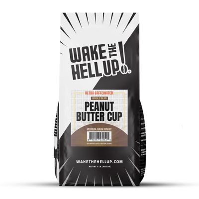 Wake The Hell Up! 1lb Ultra-Caffeinated Peanut Butter Cup Whole Bean Coffee, Low Acid, Medium-Dark Roast