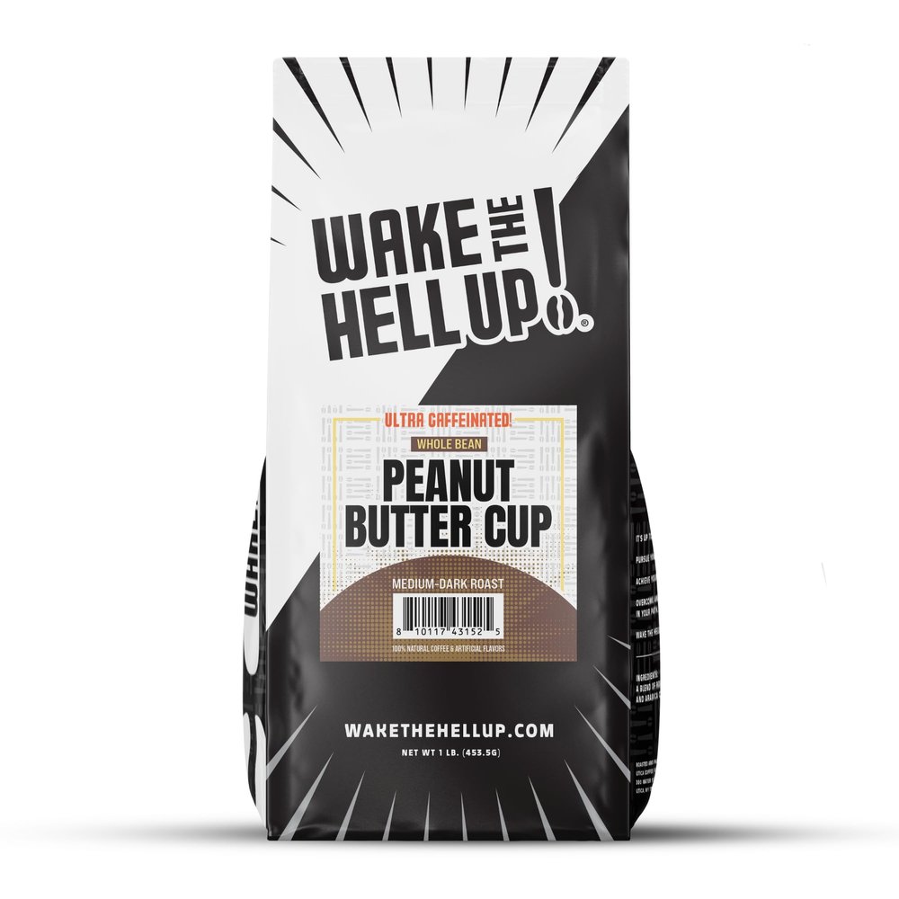 Wake The Hell Up! 1lb Ultra-Caffeinated Peanut Butter Cup Whole Bean Coffee, Low Acid, Medium-Dark Roast