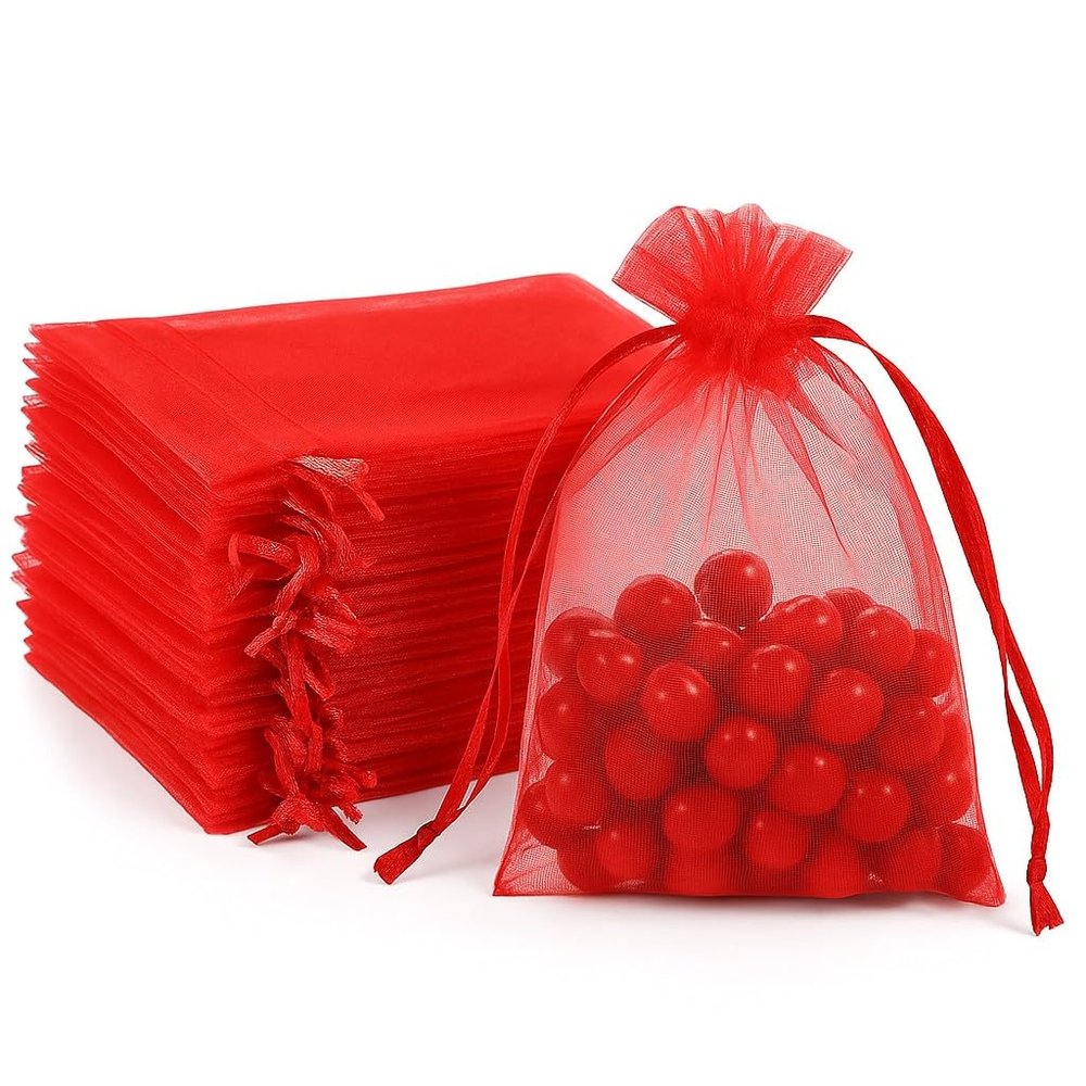 100 Pcs Organza Bags Sheer Drawstring Gift Bags for Jewelry, Wedding Favors, Party Supplies, Candy, Perfume, Cosmetics, Business Events (Red, 4.5x7 Inch)