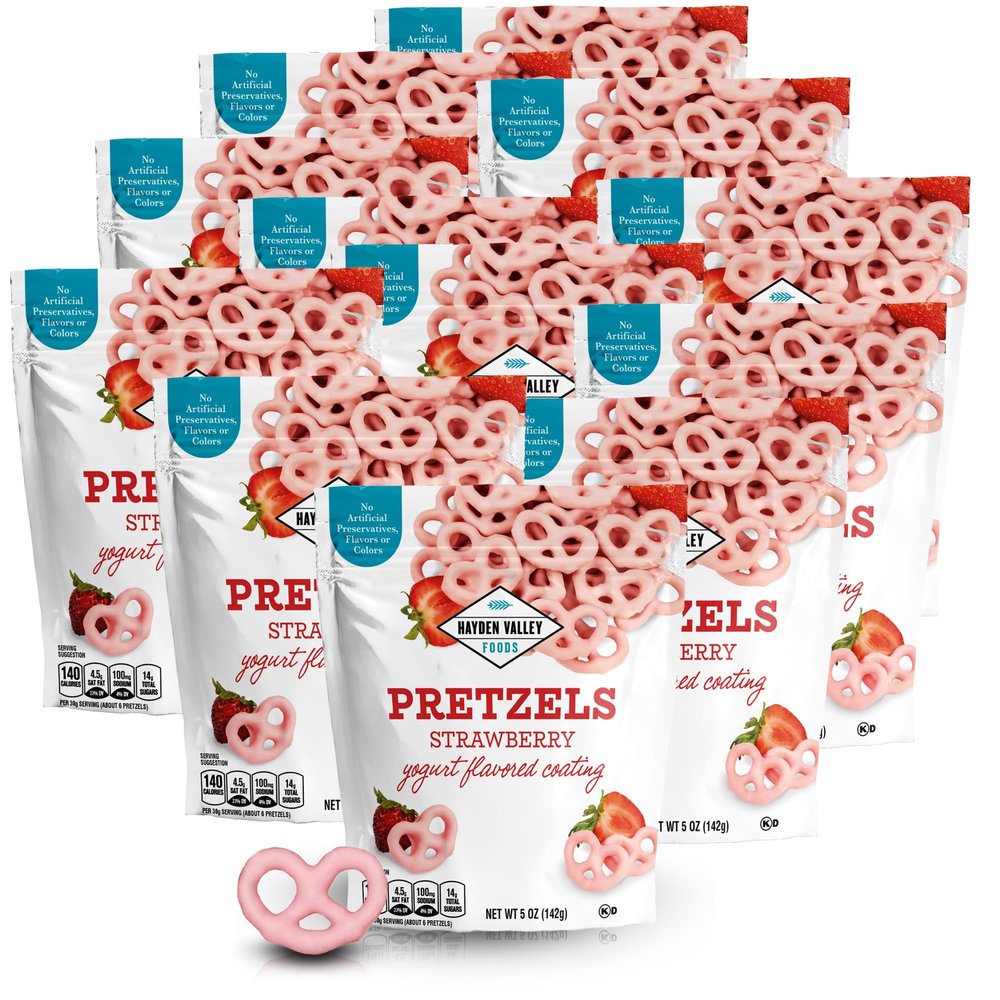 Hayden Valley Foods Strawberry Yogurt Covered Pretzels | 5 oz Bags (Pack of 12) | No Artificial Flavors, Preservatives or Colors | Red Bulk Sweet Snacks