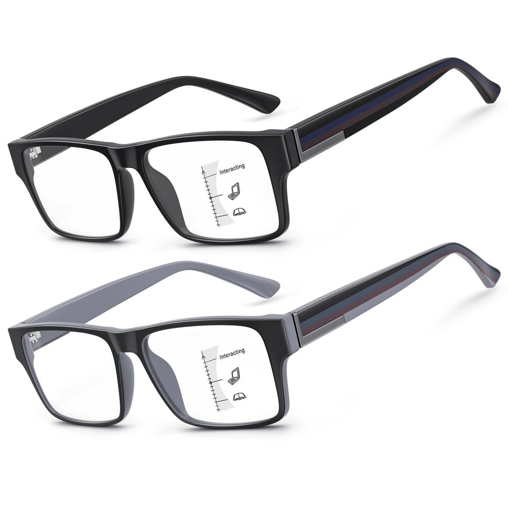 SKYOAK Excellent TR90 Unbreakable Progressive Multifocus Reading Glasses for Men, Thick Frame Anti Blue Light/UV Readers, 2 PACK Quality Chunky Computer Glass No-Line Multifocal Eyeglasses C1, +3.0x