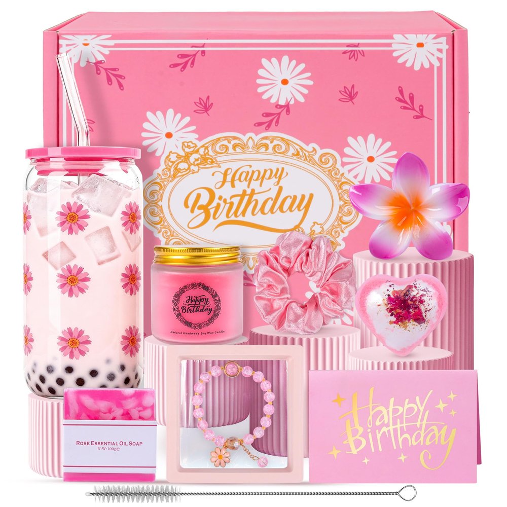 Happy Birthday Gifts for Women, Girls, Pink Birthday Gift Basket for Women, Birthday Gifts Basket for Her, Mom, Sister, Best Friend, Wife, Girlfriend, Coworker, Floral Daisy Glass Cup