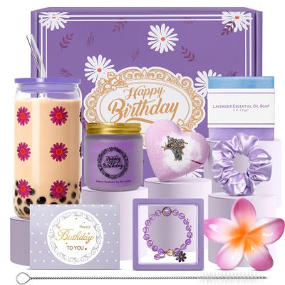 FPAKDH Happy Birthday Gifts for Girls Floral Daisy Glass Cup Birthday Gift (Purple)