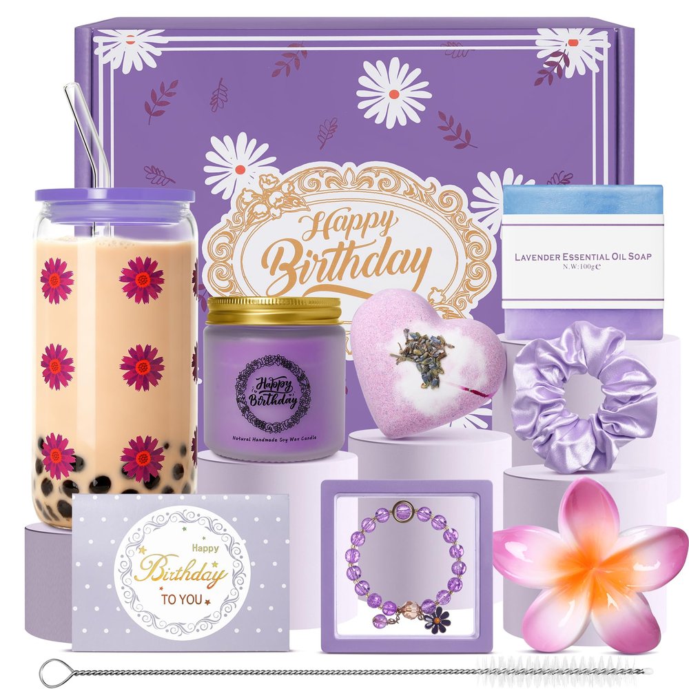 FPAKDH Happy Birthday Gifts for Girls Floral Daisy Glass Cup Birthday Gift (Purple)