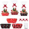 12 Sets Red Black Gingham Christmas Gift Basket Empty with Cellophane Bags 10x7, Red Black Checkered Christmas Basket to Fill with Bows Ribbons for Xmas Holiday Party Supplies view 1