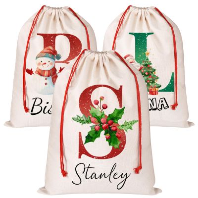 Valyria Personalized Santa Sack with Initial & Name for Kids Custom Drawstring Large Christmas Gift Bags for Xmas Holiday Presents Santa Bag