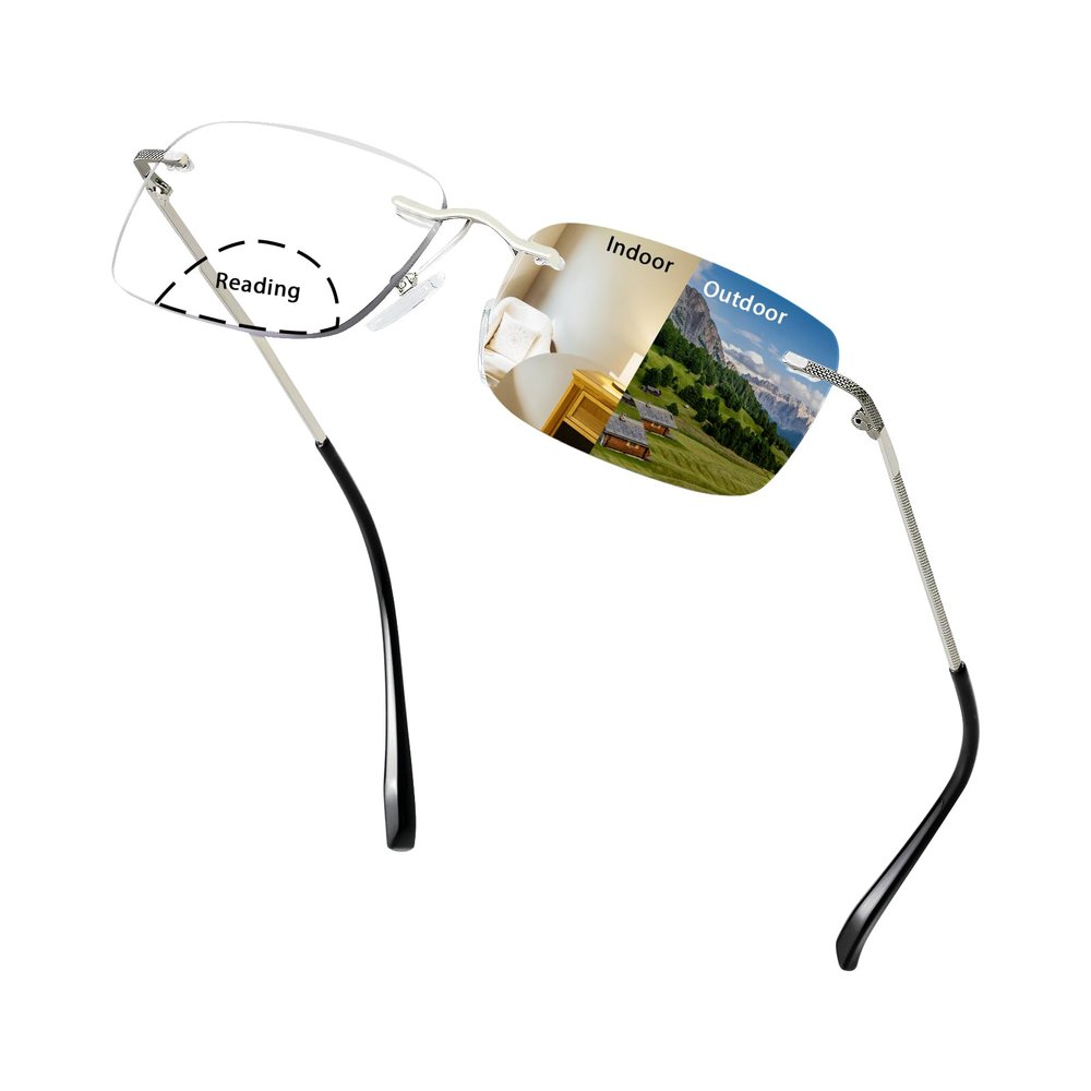 Myfeasy Rimless Bifocal Photochromic Reading Glasses Anti Blue Light Titanium Sunglasses Transition Reading Glasses for Women Men