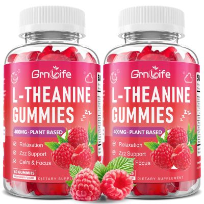 GrnLife 2 Pack L-Theanine Gummies for Kids & Adults, L'Theanine 400mg with Ashwagandha, GABA, 5HTP, L Theanine Supplement for Calm, Zzz & Relaxation Support, Raspberry Flavor, 120 Counts
