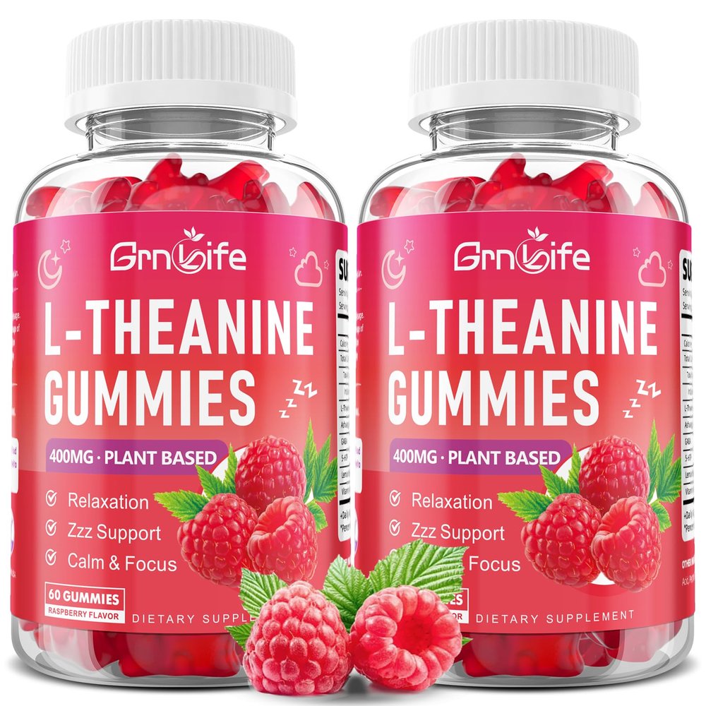 GrnLife 2 Pack L-Theanine Gummies for Kids & Adults, L'Theanine 400mg with Ashwagandha, GABA, 5HTP, L Theanine Supplement for Calm, Zzz & Relaxation Support, Raspberry Flavor, 120 Counts
