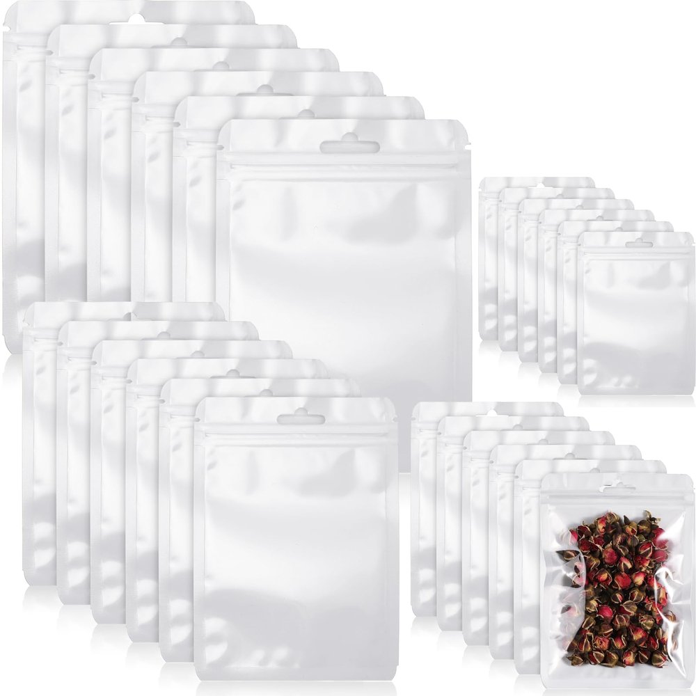 Zonon 120 Pcs Resealable Bag for Small Business 3" X 4", 4" X 6", 5" X 8", 6" X 9" Sealable Bag with Zip Cute Packaging Pouch for Sample Treat Cookie Food Storage Party Favor Gift(White)