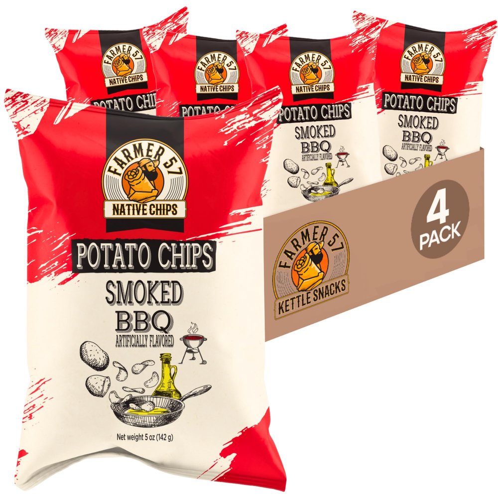 Farmer 57 Native Chips Smoked BBQ Potato Chips 5 oz 4 Pack, Kettle Cooked Crunch, Kosher, Gluten-Free, Non-GMO